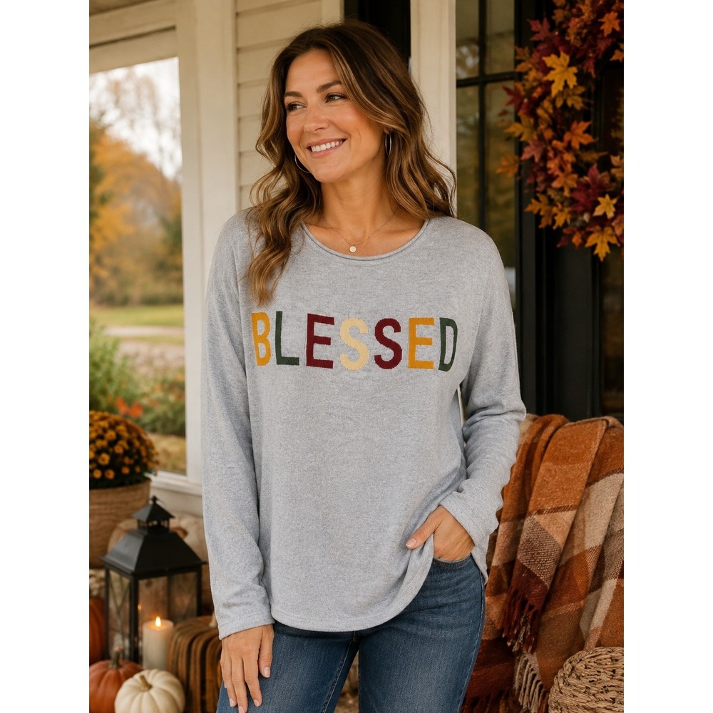 530. Rachel Zoe Blessed Gray Cashmere Blend Long Sleeve Graphic Sweater